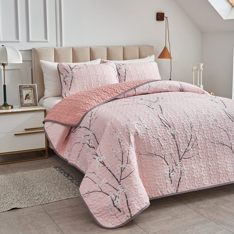 UOZZI BEDDING 3 Pieces Reversible Pink Branch Quilt Set Queen Full Size 88x88 Soft Microfiber Lightweight Coverlet Bedspread Summer Comforter Set Bed Cover for All Season (1 Quilt+ 2 Shams) - Image 4